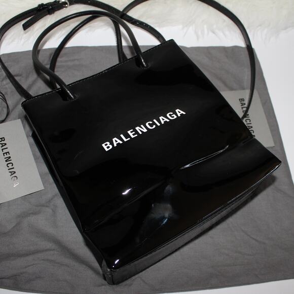 Balenciaga Black Patent Leather XXS Shopping Tote Crossbody Bag New - Picture 12 of 14